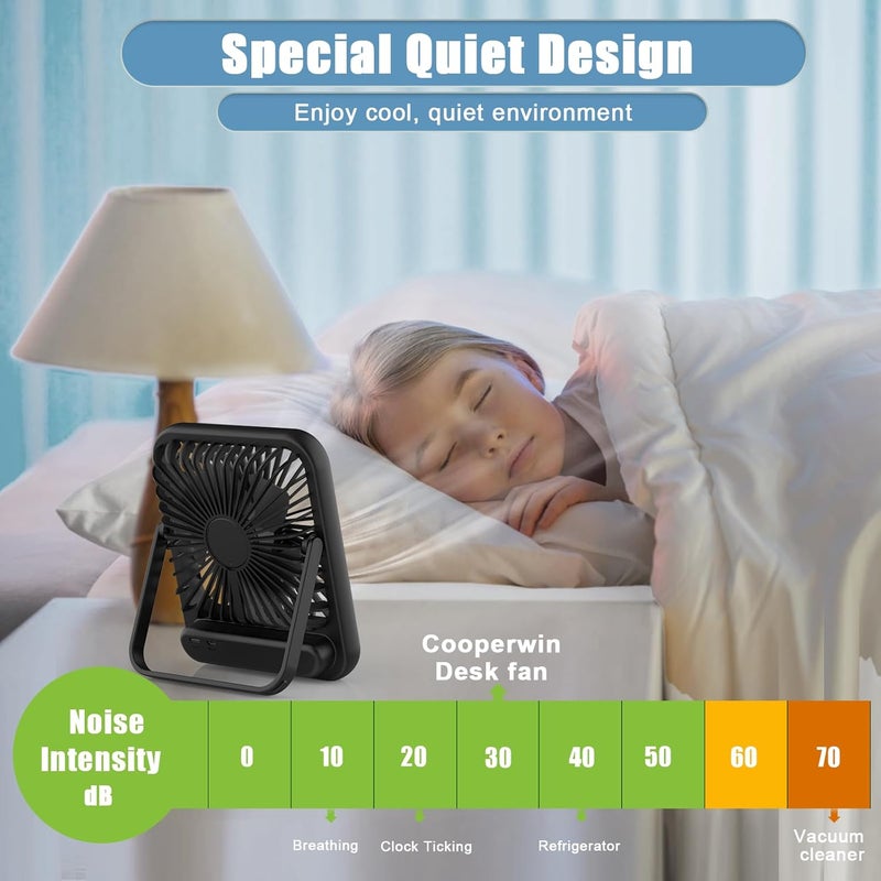 COOPERWIN Small Desk Fan, 100 Speeds Personal Fan Portable Rechargeable with Battery Powered, 180°Tilt Adjustable Quiet Bedroom Fan, Home Beach Camping Travel Office Desk Accessories, Black - Image 3